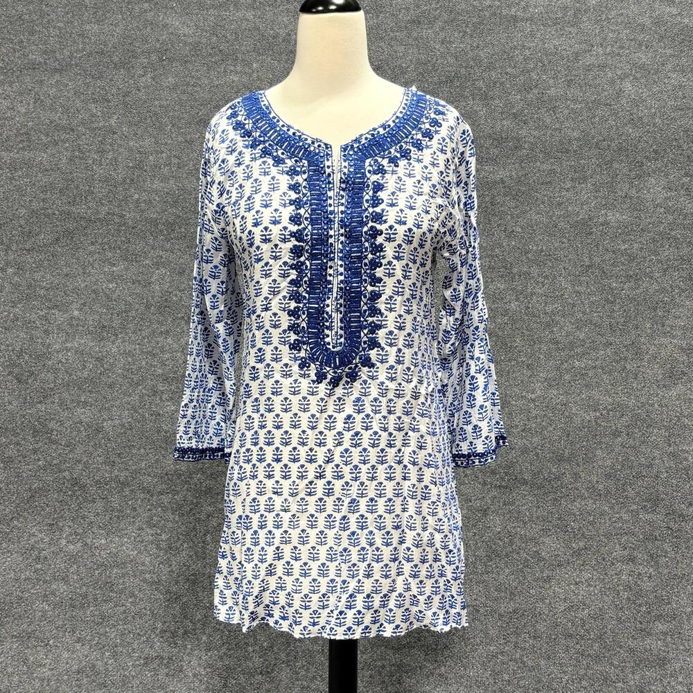 Sulu Collection Blouse Womens 8 Blue White Floral Embroidered Tunic Top